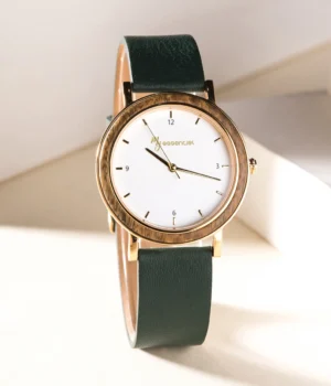 Montre femme noyer métal et cuir émeraude Cyntia