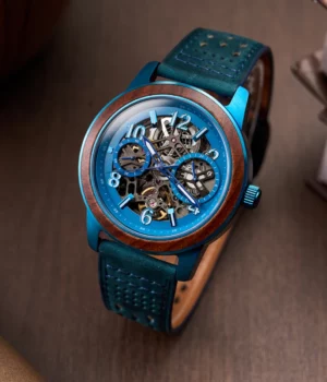 Montre cuir et bois homme automatique Nexus Bleue
